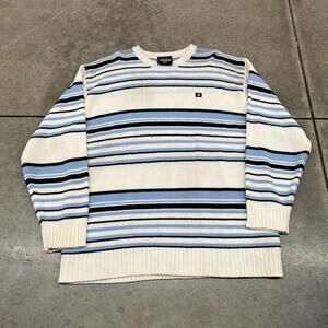 vintage southpole white blue and black striped knit sweater size large